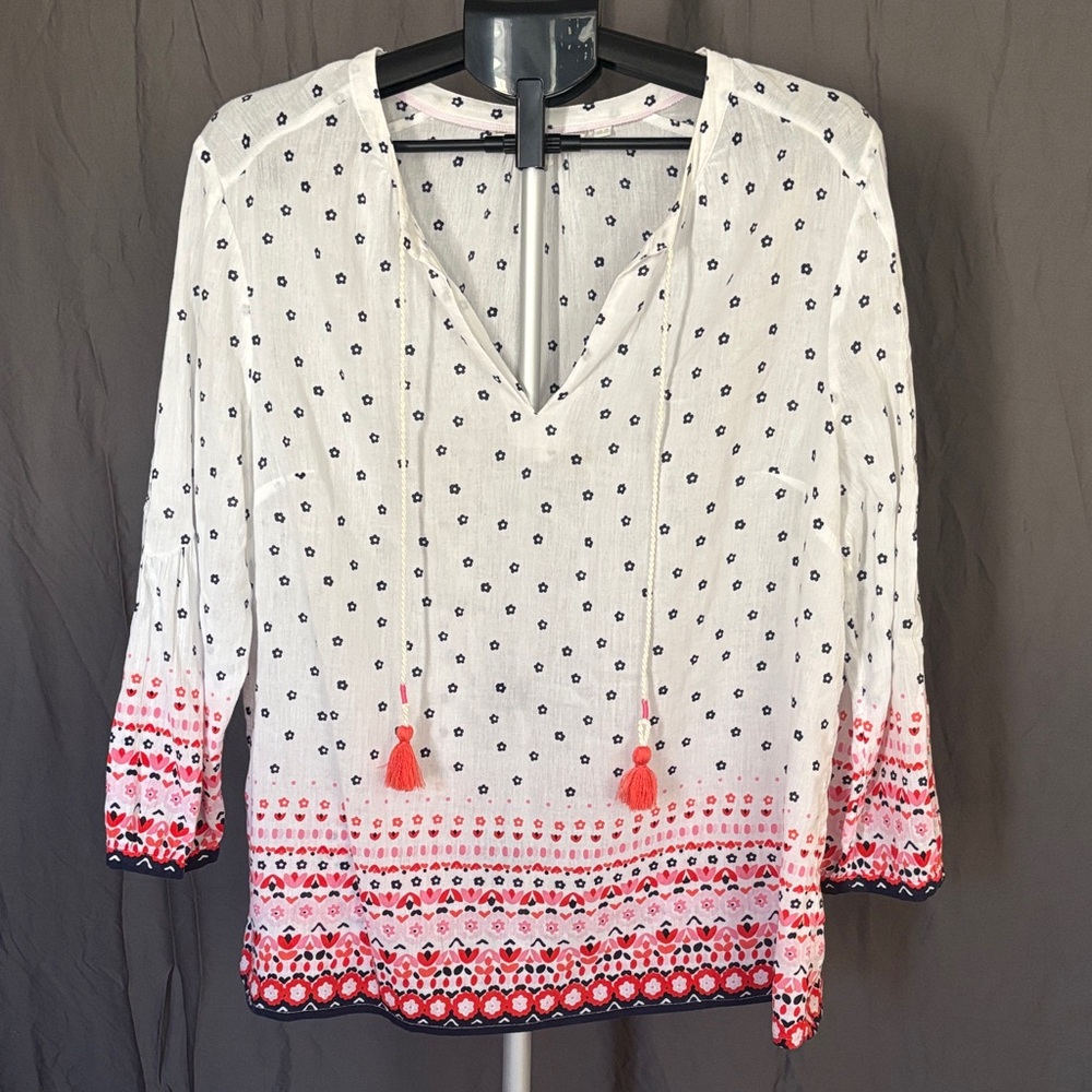 Boden Gauzy Tie Neck Cotton White and Pink Patterned Women's Top